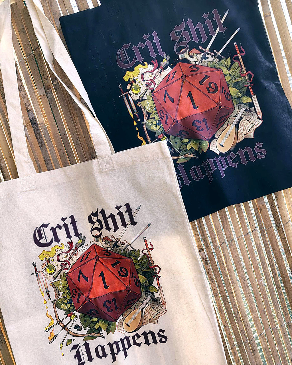 Crit Sht Happens dnd Medieval Design Totebag (Beige and Black variants)