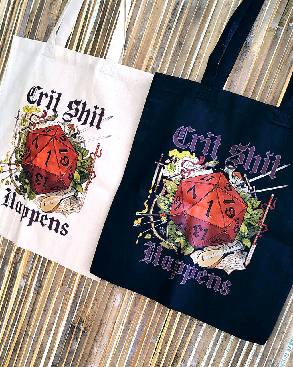 Crit Sht Happens dnd Medieval Design Totebag (Beige and Black variants)