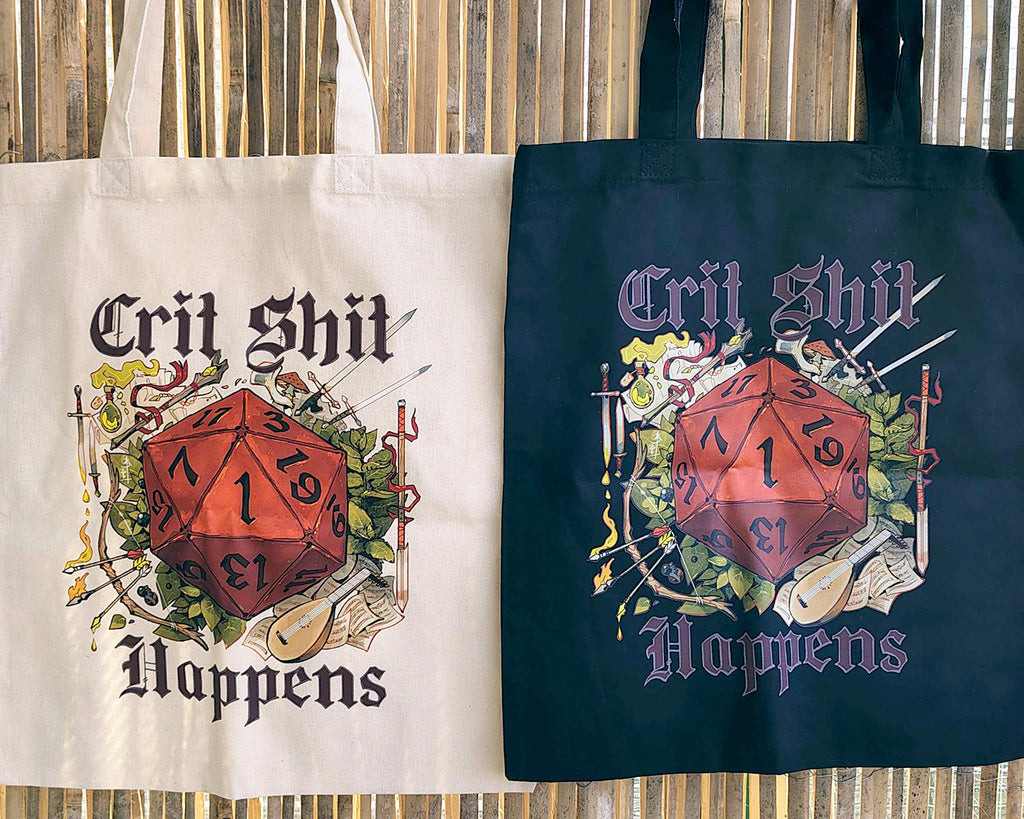 Crit Sht Happens dnd Medieval Design Totebag (Beige and Black variants)