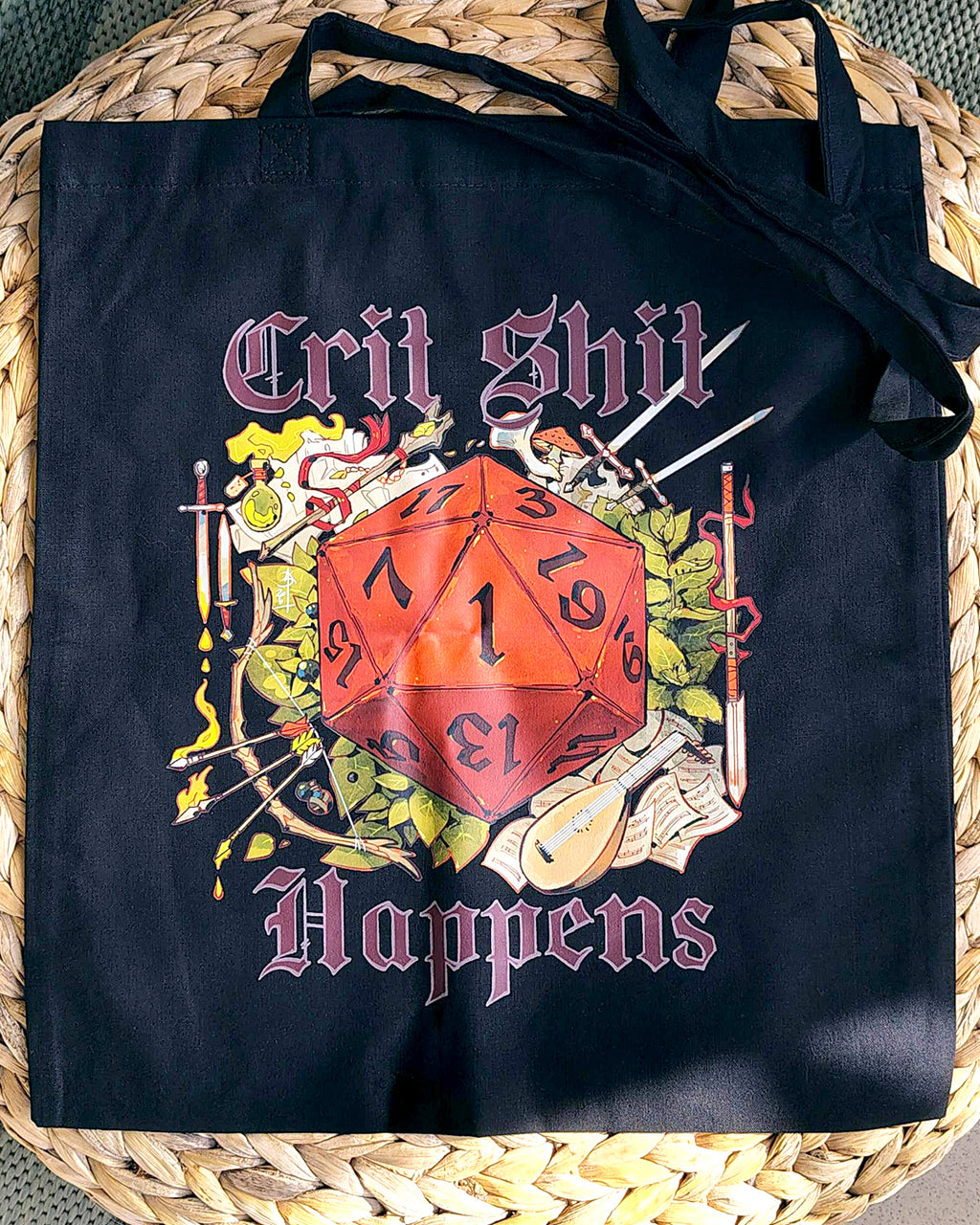 Crit Sht Happens dnd Medieval Design Totebag (Beige and Black variants)