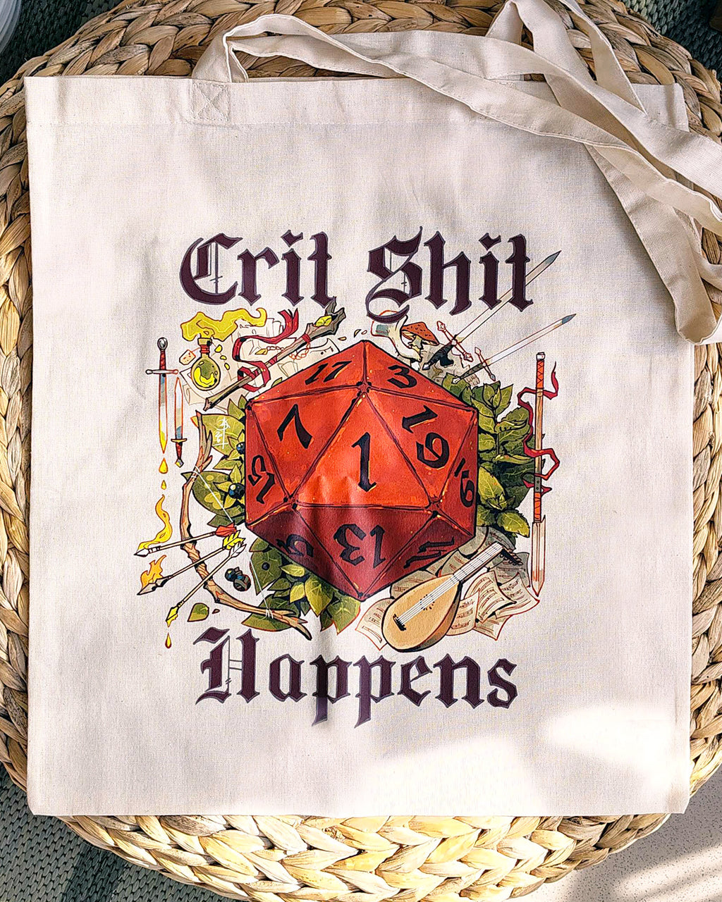 Crit Sht Happens dnd Medieval Design Totebag (Beige and Black variants)