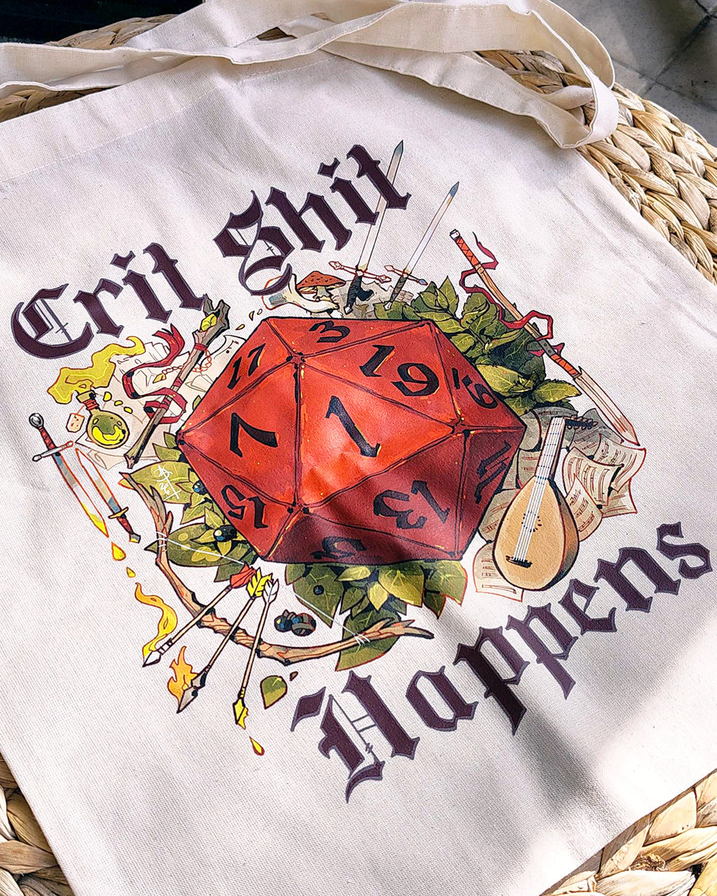 Crit Sht Happens dnd Medieval Design Totebag (Beige and Black variants)