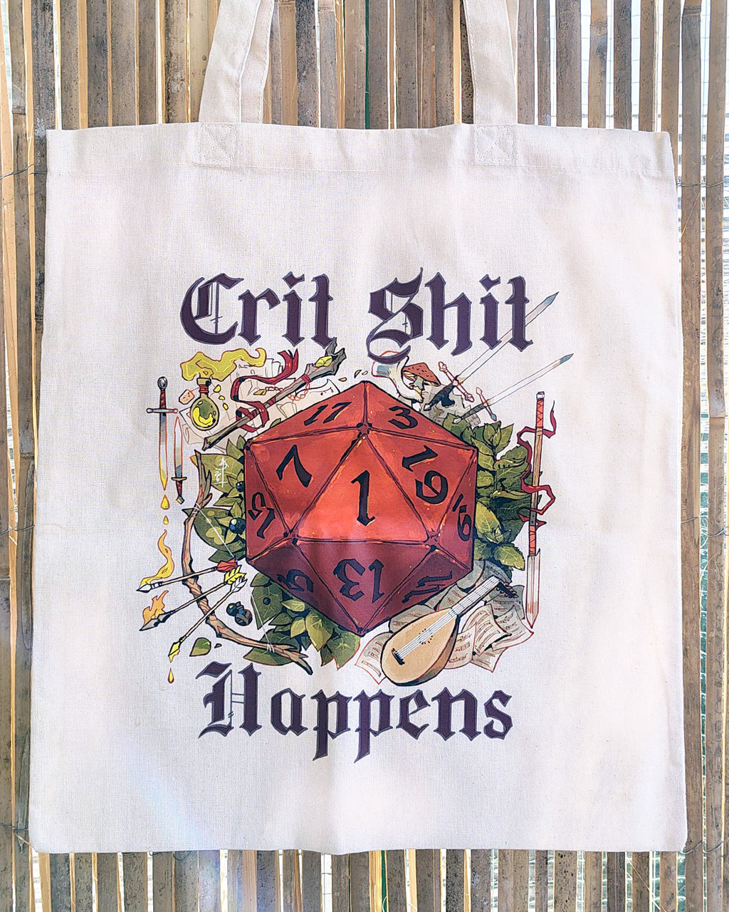 Crit Sht Happens dnd Medieval Design Totebag (Beige and Black variants)